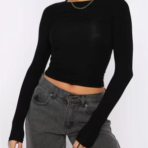 Y2K Long Sleeve Crop Top - Solid Color Round-Neck T-Shirt for Women