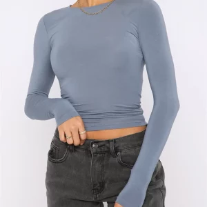 Y2K Long Sleeve Crop Top - Solid Color Round-Neck T-Shirt for Women