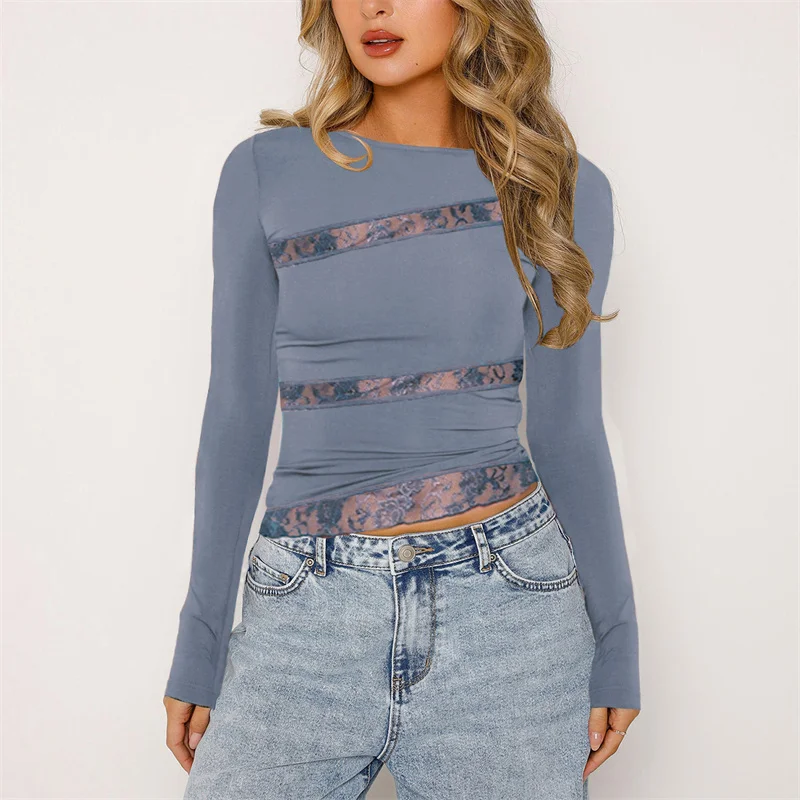 Y2K Long Sleeve Lace Patchwork Top - Irregular Hem T-Shirt