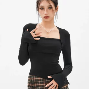 Y2k Long Sleeve Ruched Square Neck T-Shirt - Casual Streetwear Top