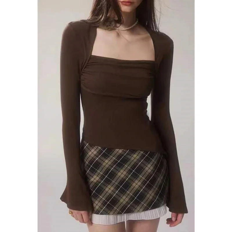 Y2K Long Sleeve Square Collar Ruched Top - 2000s Streetwear Fashion