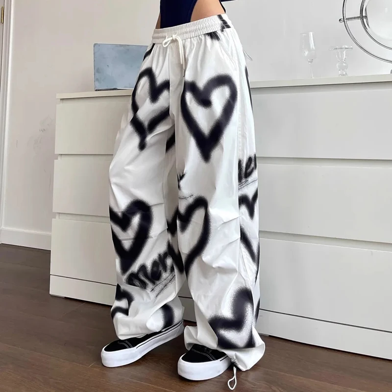 Y2K Love Graffiti Wide Leg Pants - High Waist Streetwear Joggers