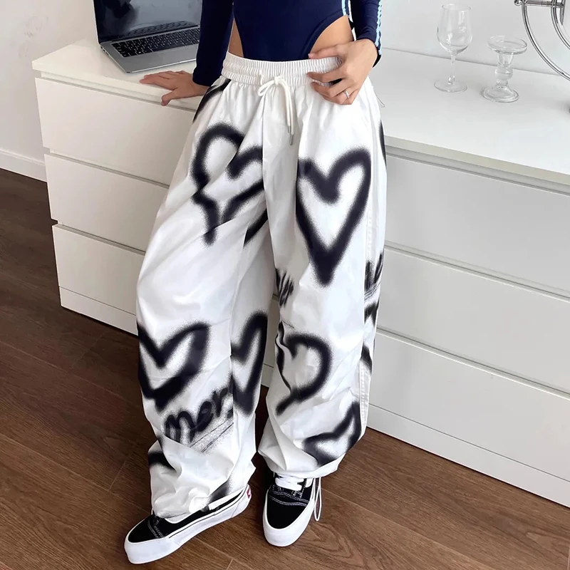 Y2K Love Graffiti Wide Leg Pants - High Waist Streetwear Joggers