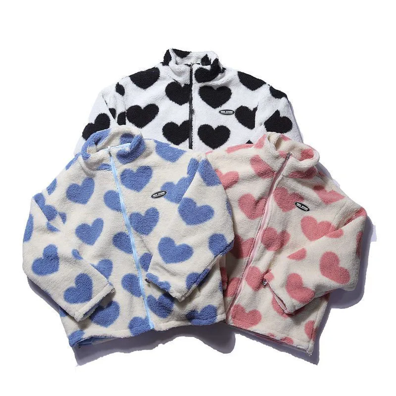 Y2K Love Print Lambswool Parka: Double-Sided Zipper Jacket