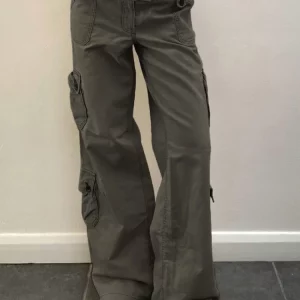 Y2K Low Waist Denim Cargo Pants - Vintage Gray Streetwear Jeans