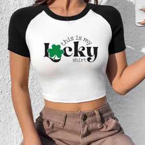 Y2K Lucky Clover Graphic T-shirt - Short Sleeve Round Neck Preppy Fit Top