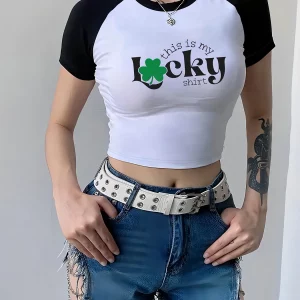 Y2K Lucky Clover Graphic T-shirt - Short Sleeve Round Neck Preppy Fit Top