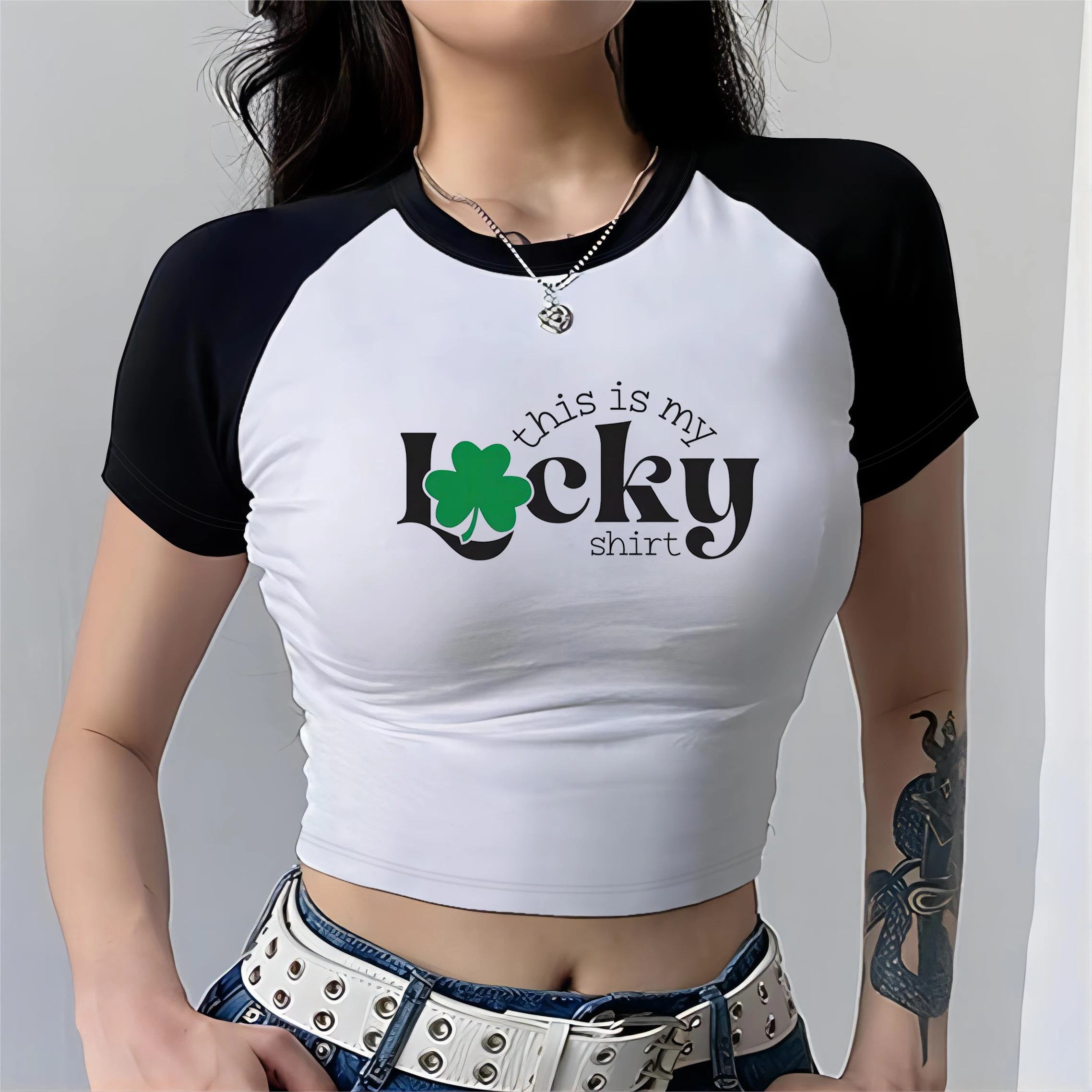 Y2K Lucky Clover Graphic T-shirt - Short Sleeve Round Neck Preppy Fit Top