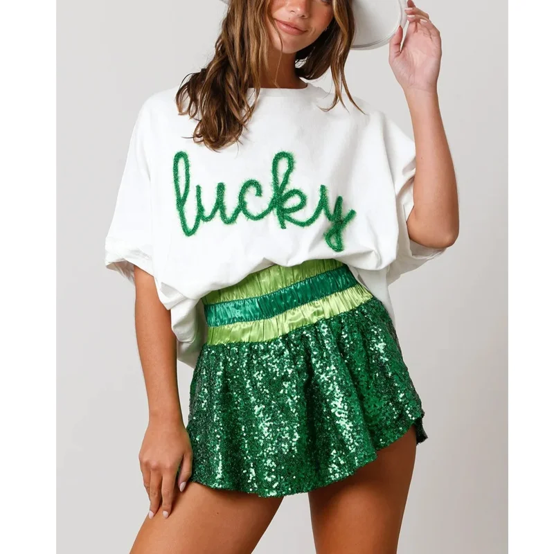 Y2K Lucky Letter Print Sequin T-Shirt - Short Sleeve Streetwear Top