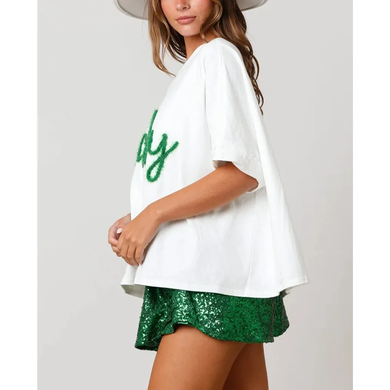 Y2K Lucky Letter Print Sequin T-Shirt - Short Sleeve Streetwear Top