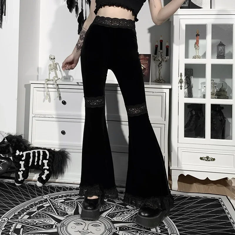 Y2K Mall Goth High Waist Flared Pants - Vintage Lace Patchwork Aesthetic Women's Trousers