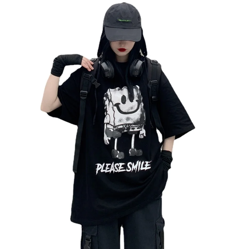 Y2K Mall Goth T-Shirt: Gothic Grunge Top for Women - Dark Academia Aesthetic Anime Alt Emo Loose