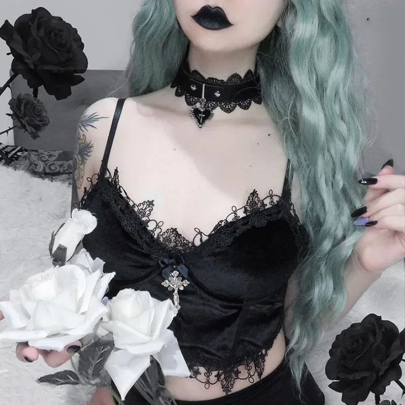 Y2K Mall Goth Velvet Crop Tops - Black Lace Trim Emo Aesthetic - Backless Sexy Strap Tanks