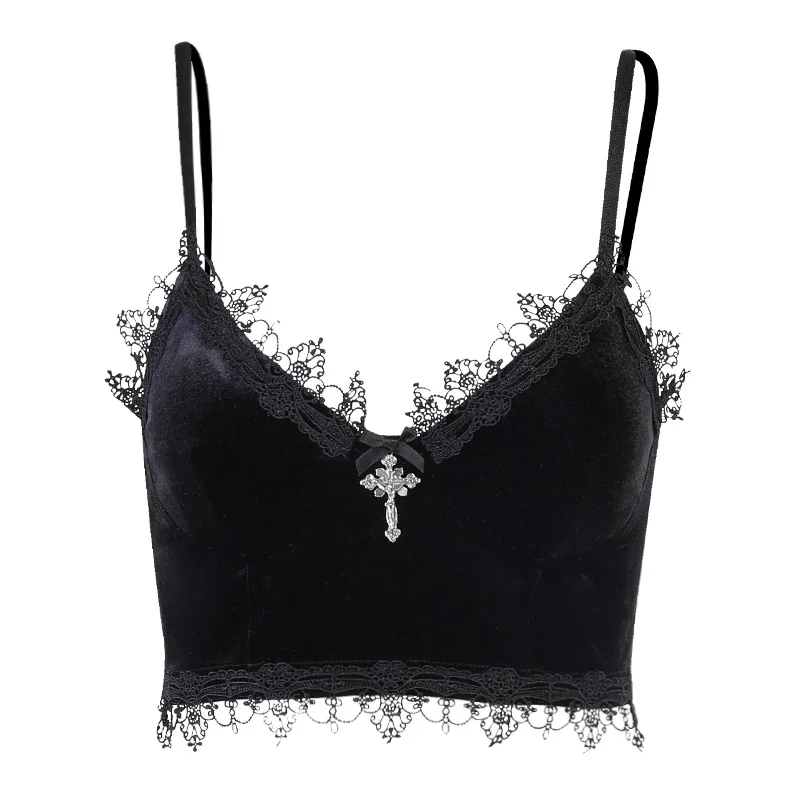 Y2K Mall Goth Velvet Crop Tops - Black Lace Trim Emo Aesthetic - Backless Sexy Strap Tanks