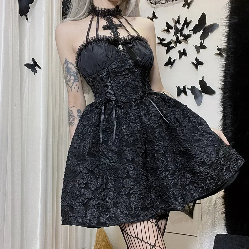 Y2K Mall Gothic A-line Dress: Emo Jacquard Grunge Punk Partywear