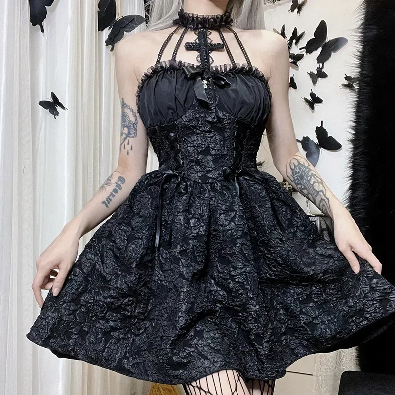 Y2K Mall Gothic A-line Dress: Emo Jacquard Grunge Punk Partywear