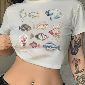 Y2K Marine Life Fish Print Summer Short Top - Women's Fashion T-Shirt