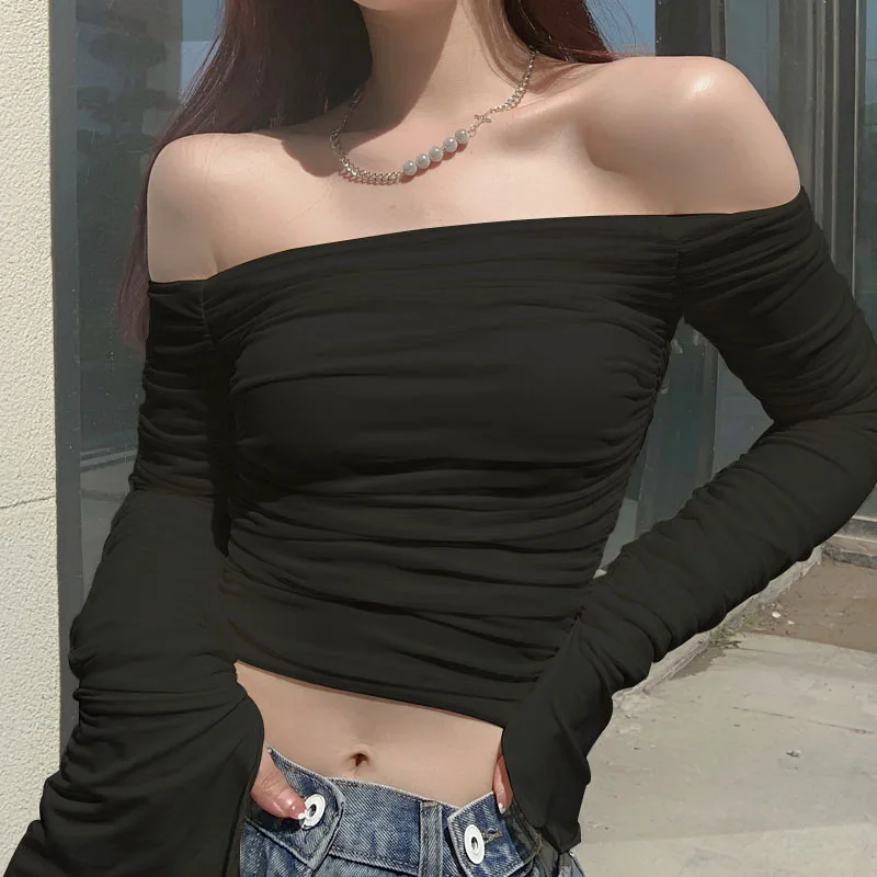 Y2K Mesh Crop Top: Sexy Off-Shoulder Ruched T-Shirt - Streetwear Style