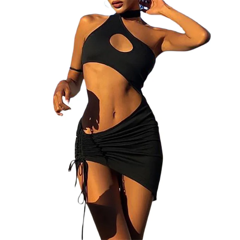 Y2K Mesh Cutout Mini Dress - Off-Shoulder Halterneck Bodycon