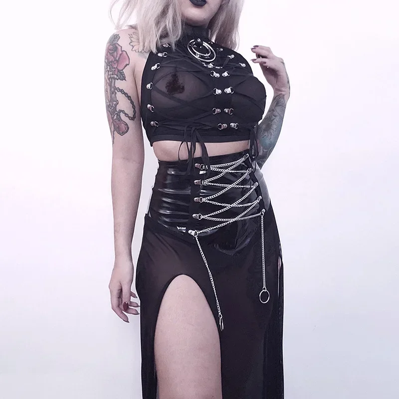 Y2K Mesh Halter Corset Crop Top with Patent Leather Chain Crisscross Lace-Up Split Skirt