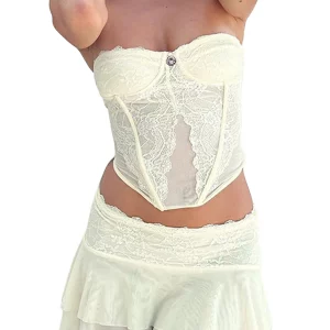 Y2K Mesh Lace Crop Top and Ruffle Mini Skirt Set - Sexy Party Clubwear