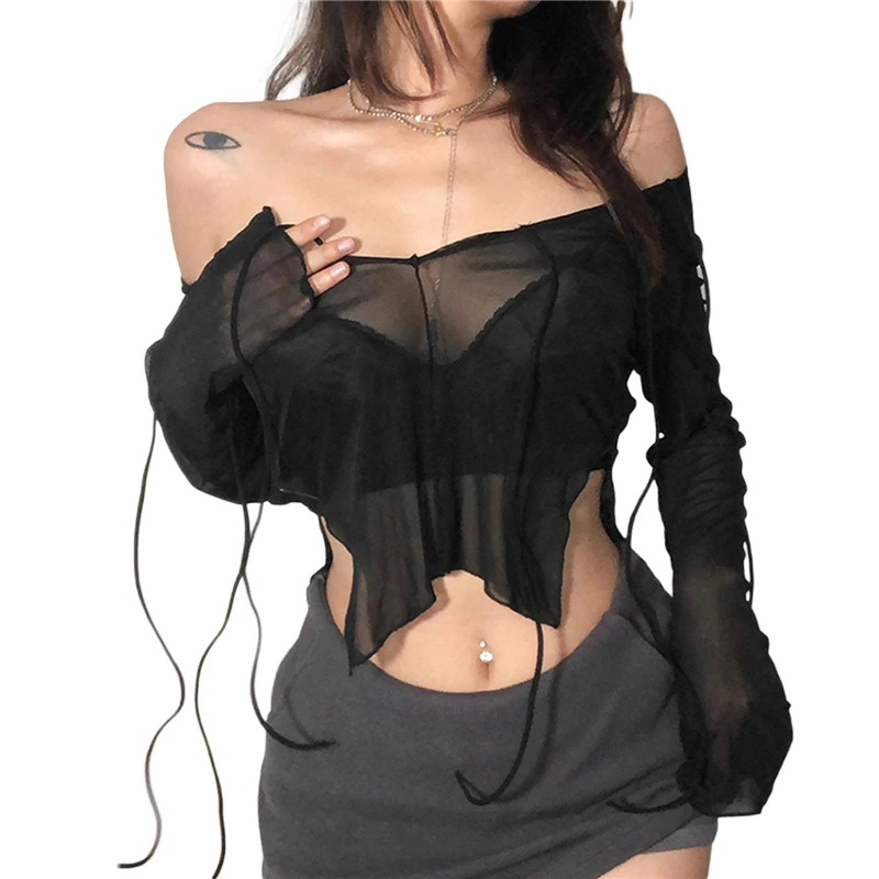 Y2K Mesh Long Sleeve V-Neck Top with Adjustable Straps - Black