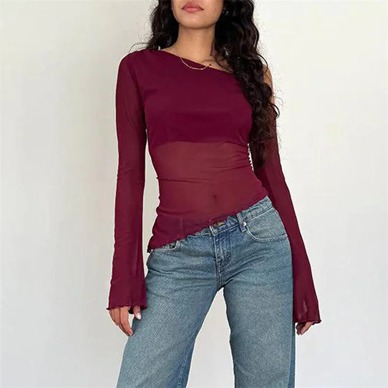 Y2K Mesh Off-Shoulder Flared Sleeve Top - Solid Color Clubwear