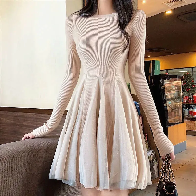 Y2K Mesh Patchwork Pleated Dress - Korean Elegant Spring Knit Slim Fit Party Dress