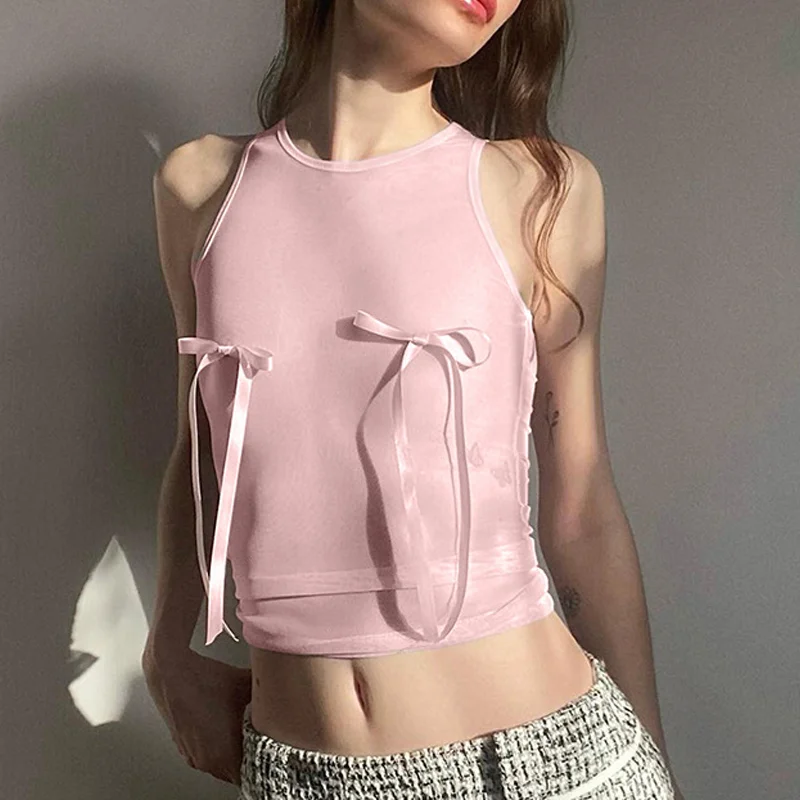 Y2K Mesh Sheer Bow Knot Crop Top - Coquette Summer Tank