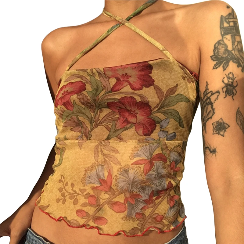 Y2K Mesh Sheer Floral T-shirt - E-girl Vintage Halter Crop Top