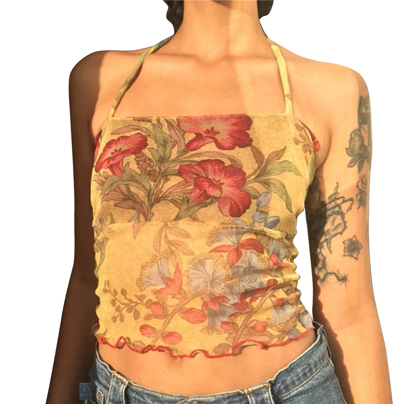 Y2K Mesh Sheer Floral T-shirt - E-girl Vintage Halter Crop Top