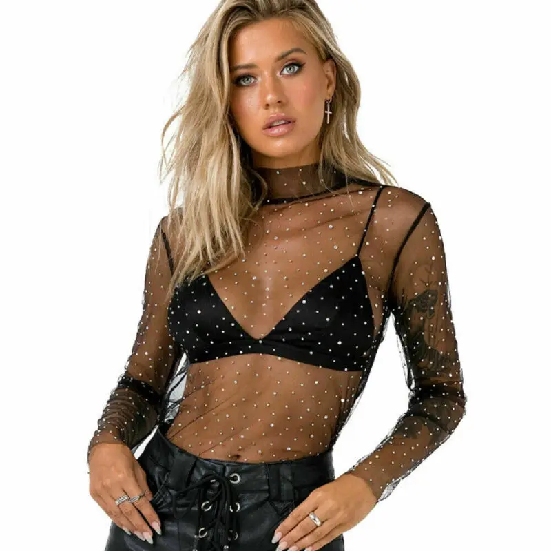 Y2K Mesh Sheer Long Sleeve Top with Rhinestone Detail - Sexy Party Clubwear