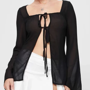 Y2K Mesh Sheer Single Breasted Top - Long Sleeve Square Neck Blouse