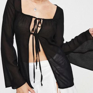 Y2K Mesh Sheer Single Breasted Top - Long Sleeve Square Neck Blouse