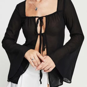 Y2K Mesh Sheer Single Breasted Top - Long Sleeve Square Neck Blouse