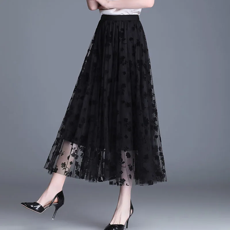 Y2K Mesh Skirt: Korean Fashion Hook Flower Midi - Elegant Casual Summer Style