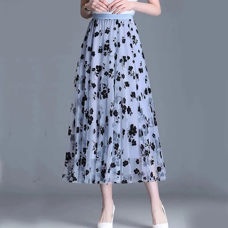 Y2K Mesh Skirt: Korean Fashion Hook Flower Midi - Elegant Casual Summer Style