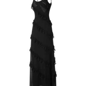 Y2K Mesh Sleeveless Slit Dress with Ruffle Detail