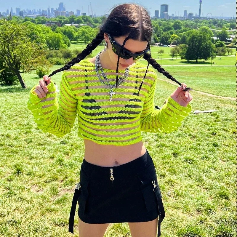 Y2K Mesh Striped Crop Top - Bright Summer Fashion