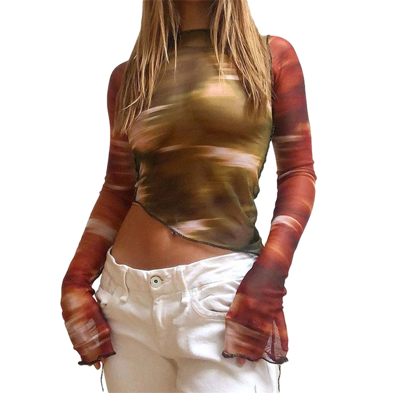 Y2K Mesh Tie-Dye Long Sleeve Top - Sexy See-Through Pullover - Harajuku Fashion