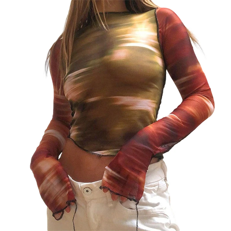 Y2K Mesh Tie-Dye Long Sleeve Top - Sexy See-Through Pullover - Harajuku Fashion