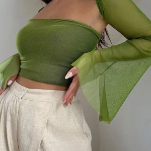 Y2K Mesh Top 2-Piece Crop Set - Long Sleeve Streetwear T-Shirt in Green