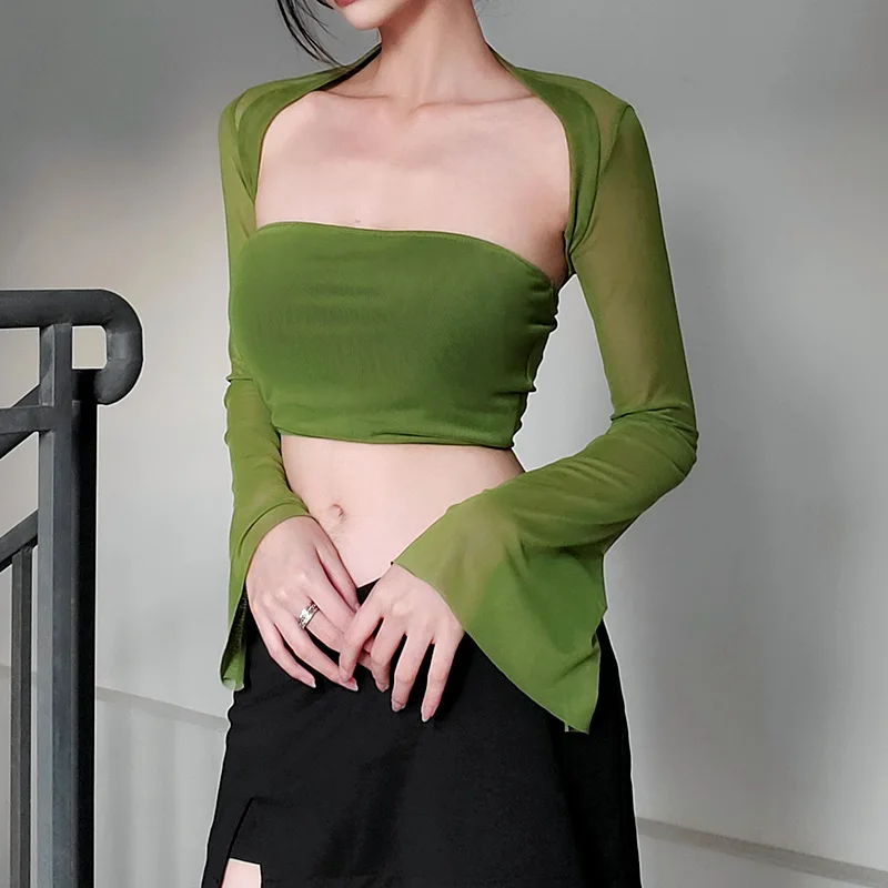 Y2K Mesh Top 2-Piece Crop Set - Long Sleeve Streetwear T-Shirt in Green