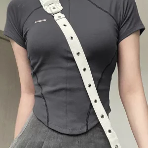 Y2K Metal Crop Top Zipper Grey Short Sleeve Biker Tee - Grunge Chic Streetwear Fashion