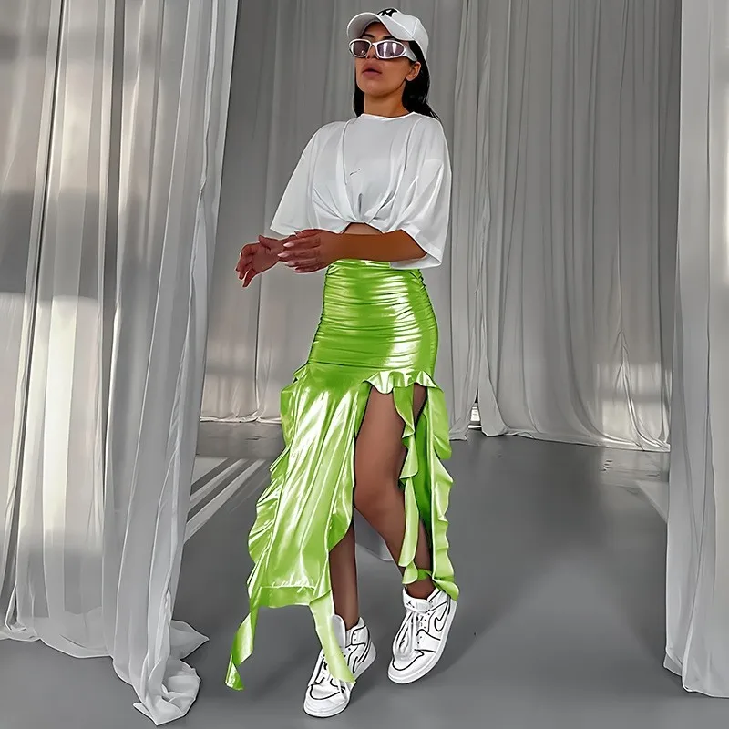 Y2k Metallic Silver Tassel Skirt - Green Ribbon PU High Waist Bodycon Maxi