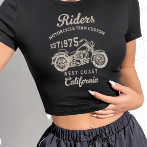 Y2K Motorcycle Letter Print Black Top - Women's Graphic Tee for Summer