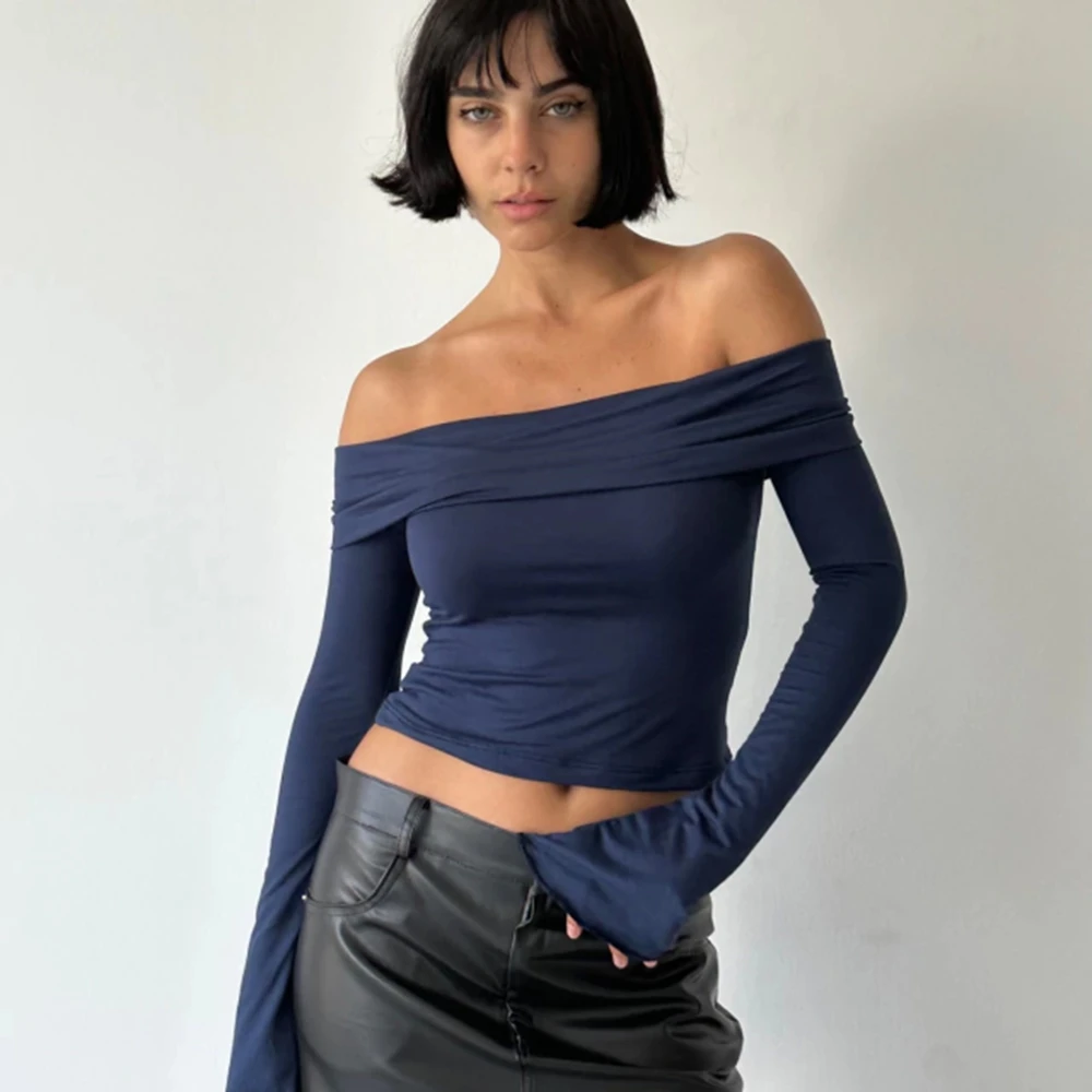 Y2K Off-Shoulder Crop Top: Flare Sleeve Solid Color Slim Fit Blouse