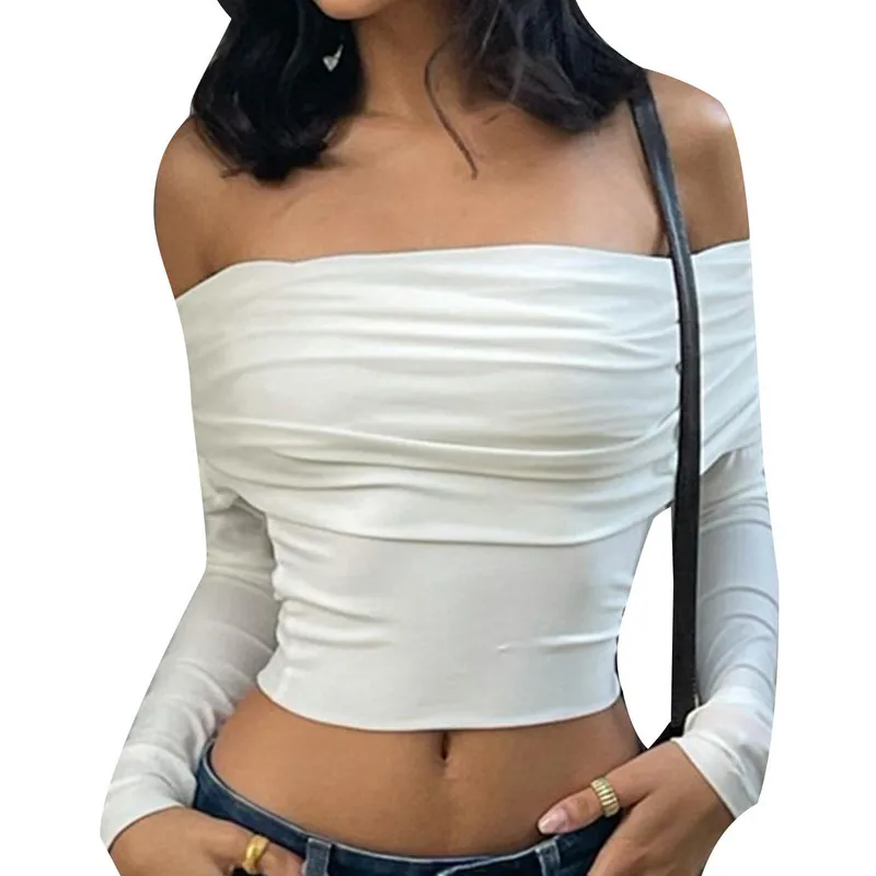 Y2K Off-Shoulder Crop Top: Solid Color Long Sleeve Pullover - Sexy Club Streetwear