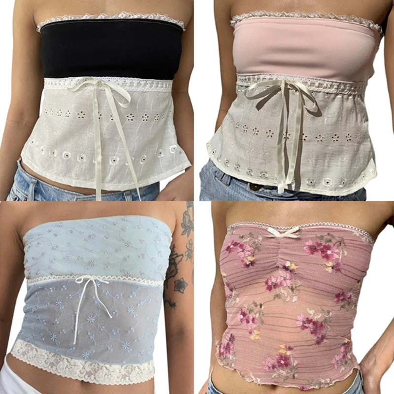 Y2K Off-Shoulder Fairy Grunge Top - Summer Lace Trim Patchwork Strapless T-shirt