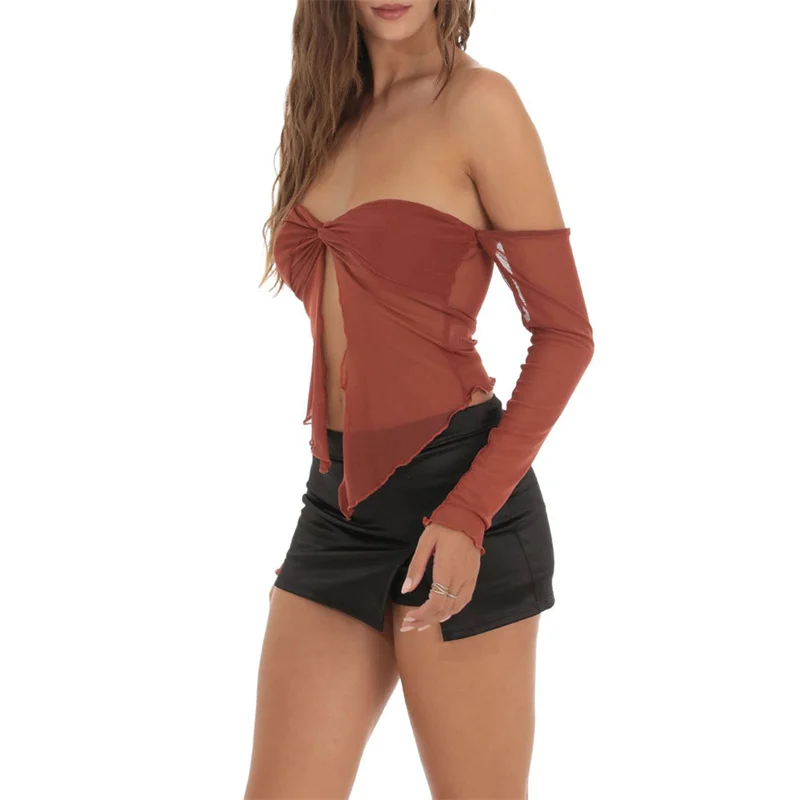 Y2K Off-Shoulder Mesh Top with Front Knot Detail - Ruffle Asymmetrical Hem Clubwear